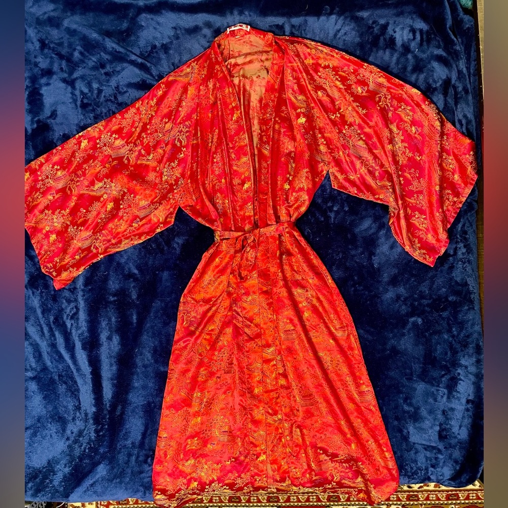 SOLD XL Chinatown Floor length Red Satin Kimono with Gold embroidery
